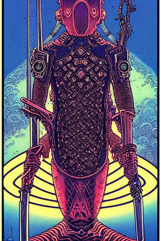 Prompt: portrait of black and psychedelic grainshading tarot card print of the swords by moebius, wayne barlowe, cyberpunk comic cover art, very intricate, thick outline, devianart