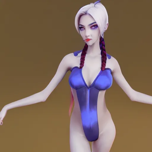 Prompt: a full shot of CGI Jinx, blue well-groomed ponytail, elegant refined face, not wearing many clothes, Body Shape (Slender), from Arcane League of Legends, digital art, 3d rendered model, exquisite detail, polished, post-processing, photo-shopped, low angle, octane render, unreal engine, hyper realism, cinematic, trending on ArtStation, 8k, High contrast, by Roger Magrini