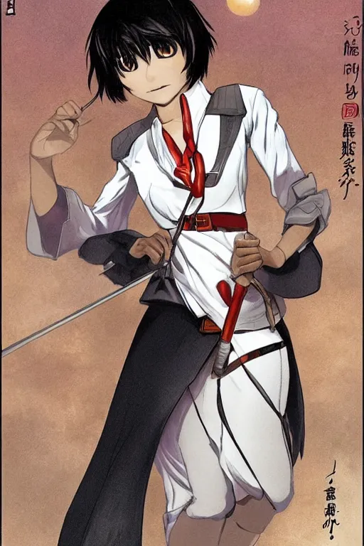 Prompt: young-looking dark-skinned female mage with brown bob-cut hair, wearing white shirt and necklace with grey short-sleeved jacket with red trim, belt, black pants and boots with red lacing, and carrying a wooden staff with floating red crystals. illustrated by Kouta Hirano