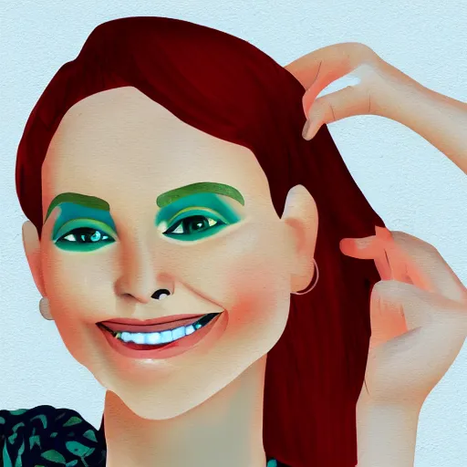 Image similar to a smiling woman with red hair, green eyes, dimples, and rosy cheeks, digital art