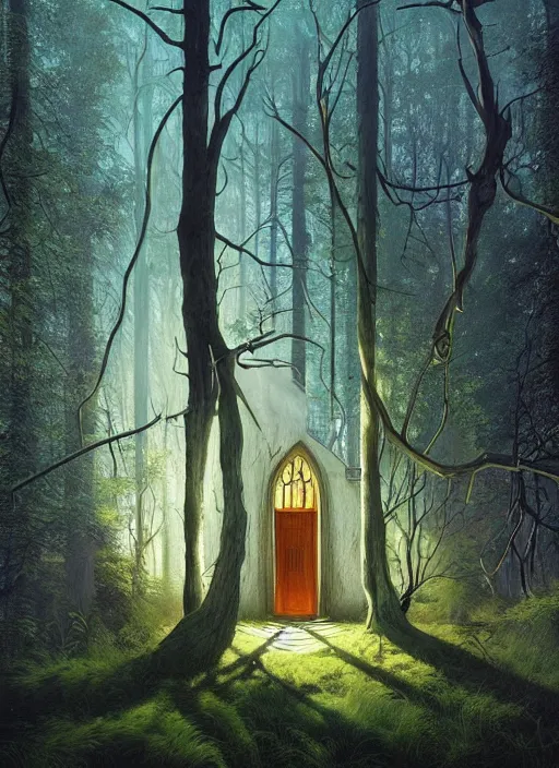 Image similar to hyper realistic witchy modern gothic house with mood lighting and tech in the woods gorgeous lighting, sunbeams blue sky, highly detailed, lush forest foliage painting by zdzisław beksinski and norman rockwell and greg rutkowski weta studio, and lucasfilm