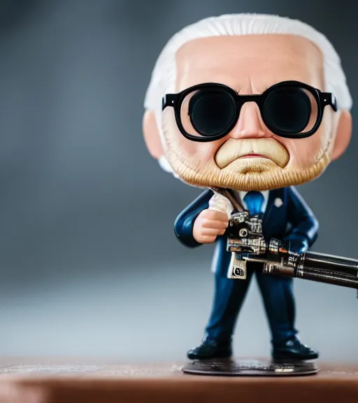 Image similar to portrait photo of joe biden as a funko pop figurine with a gatling gun. Macro photography.