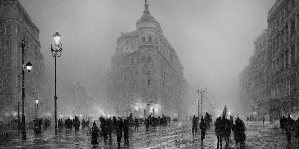 Image similar to 1 9 2 0 s warsaw during an arctic storm, dark, digital art, by james gurney