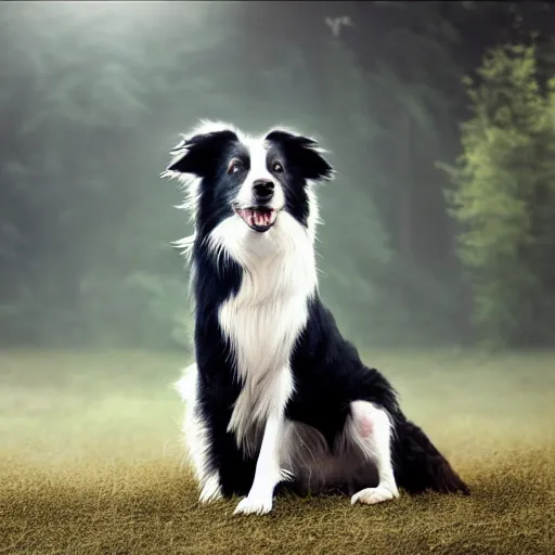 Image similar to Border Collie, splash art, movie still, cinematic lighting, dramatic, octane render, long lens, shallow depth of field, bokeh, anamorphic lens flare, 8k, hyper detailed, 35mm film grain