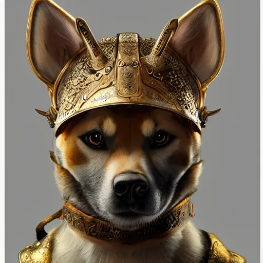 Prompt: detailed photorealistic painting of shiba inu wearing a highly detailed ornamented bronze viking helmet with two horns on head, sharp focus in the style of ruan jia, Mandy jurgens, cinematic light, concept art, trending on artstation, ultra realistic