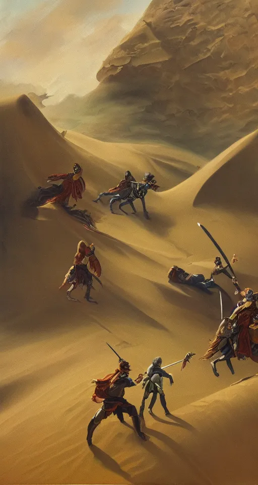 Prompt: oil painting of four sword wielding adventures traveling through a dune, 4 k, detailed, landscape