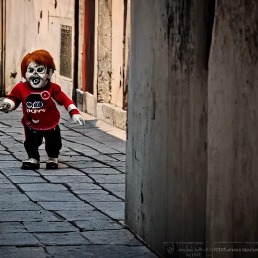 Image similar to screaming chucky doll chasing tourists in venice kodak porta hd