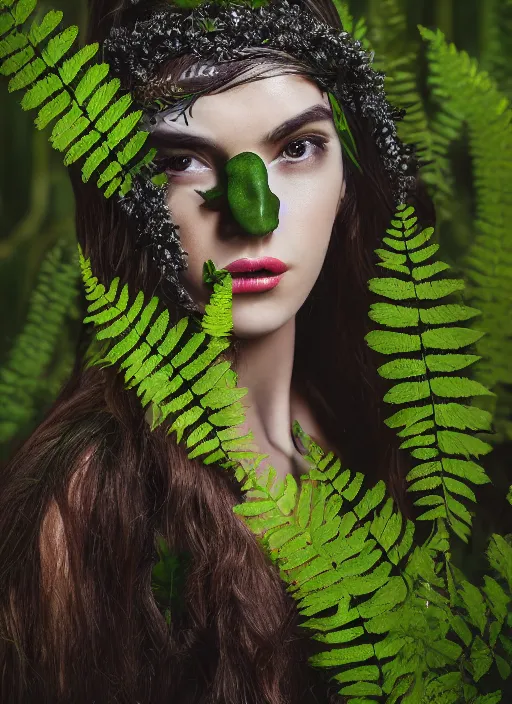 Prompt: a photo of a female model, organic headpiece, fern, vines, horn, moss, fashion photography, realistic, hyperdetails, dark grey backdrop studio, body paint