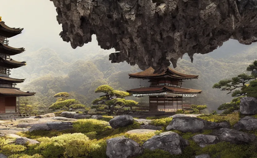 Image similar to highly detailed painting of old, ruined, fractured japanese pagoda from sengoku period, surrounded by dense rock formations, high in mountains, cinematic lighting, photobash, unreal engine render, nanite, raytracing, volumetric lighting