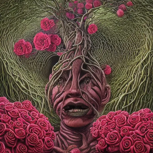 Prompt: vines and roses growing out of her by jacek yerka, alex gray, zdzisław beksiński, dariusz zawadzki, jeffrey smith and h.r. giger, oil on canvas, 8k highly professionally detailed, trending on artstation
