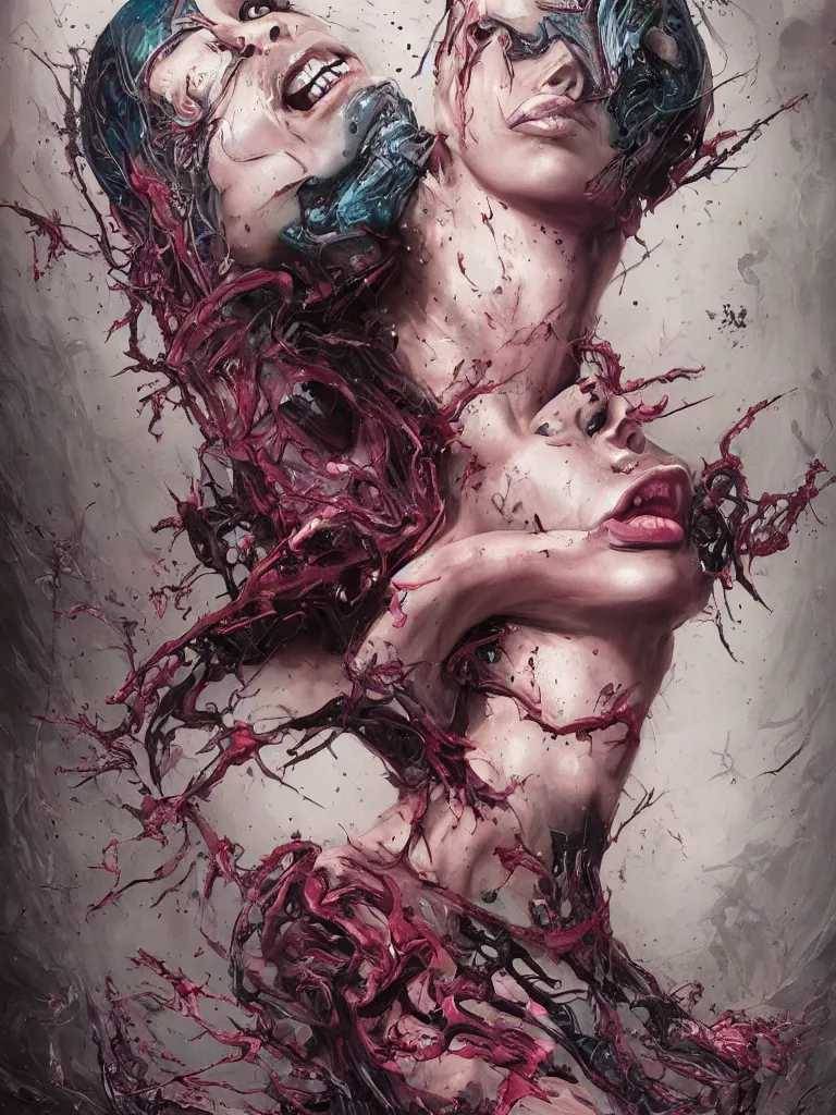 Image similar to a dream portrait of a gorgeous succubus dancing, beautiful, terrifying, melting, webbing, 8 k, by tristan eaton, stanley artgerm, tom bagshaw, greg rutkowski, carne griffiths, ayami kojima, beksinski, giger, trending on deviantart, face enhance, hyper detailed, minimalist, horror, full colour