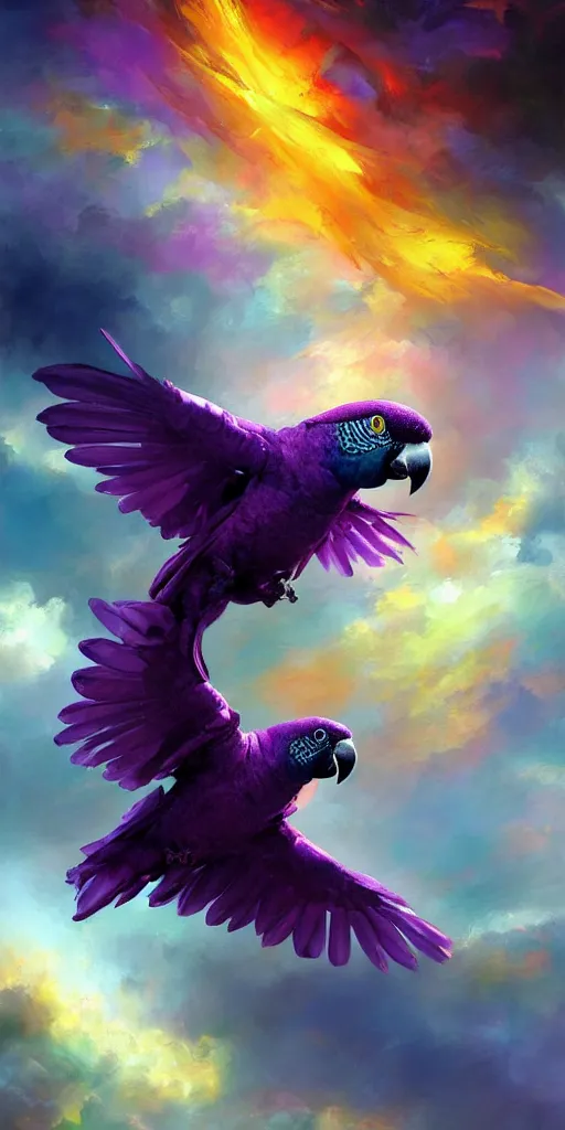 Image similar to a painting of a purple parrot flying through the sky, poster art by raymond swanland, deviantart, fantasy art, christian, deviantart, mystical