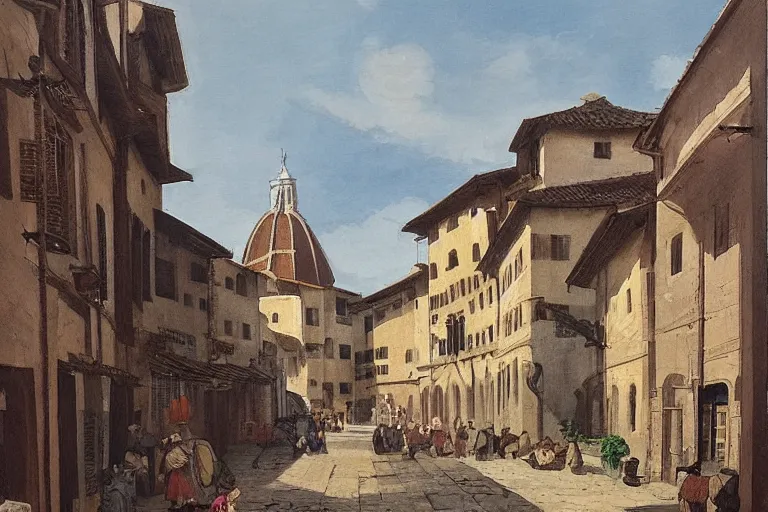 Prompt: florence old street in 1 6 th century with a tower in background by hiroshi yoshida, trending on artstation