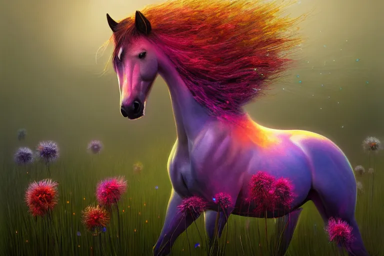 Image similar to a stunning digital painting of a horse with a mane of bioluminescent flowers running through a field of flowers by eddie mendoza, flowerpunk, volumetric light, digital art, fine detail, photorealistic