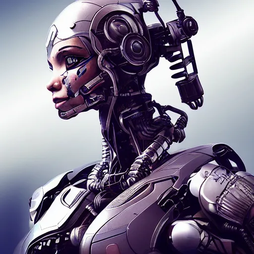 Prompt: “photo of a cyborg girl in futuristic armor, artstation trending, highly detailed”