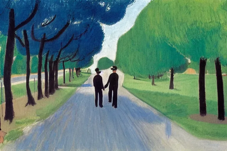 Prompt: a tall man with dark hair holding the hands of a small boy with dark hair as they walk down a suburban highway on a bright beautiful colorful day. part in the style of an edgar degas painting. part in the style of david hockney