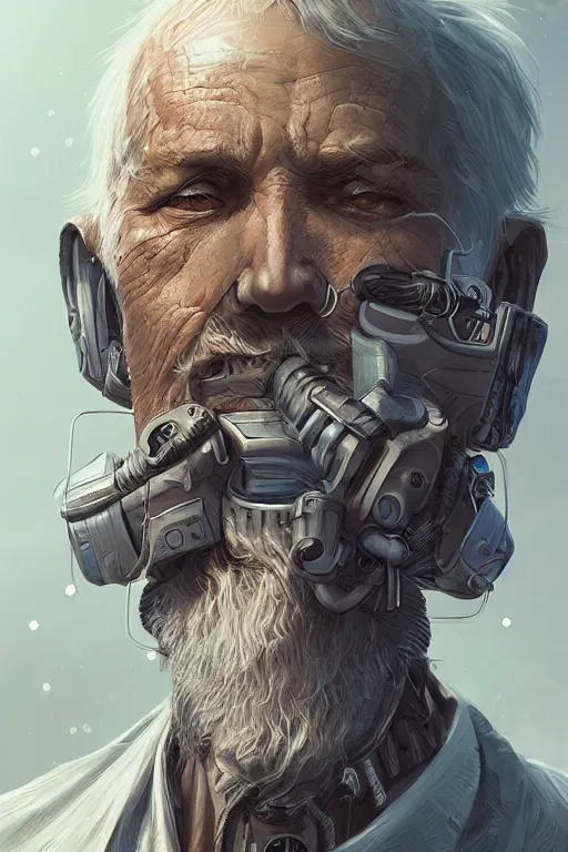 Image similar to ultrarealistic illustration old man cyborg, cyberpunk, sci - fi fantasy, intricate, elegant, highly detailed, digital painting, artstation, concept art