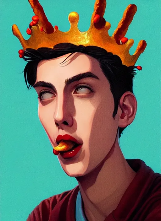 Image similar to portrait of jughead jones, eating a hamburger, wearing a crown, eyes closed, intricate, elegant, glowing lights, highly detailed, digital painting, artstation, concept art, smooth, sharp focus, illustration, art by wlop, mars ravelo and greg rutkowski