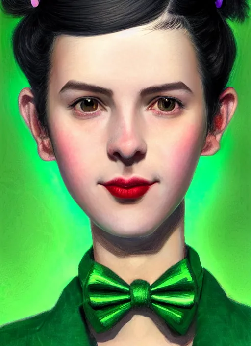 Prompt: portrait of high school girl, realistic, black hair, bangs, half updo hairstyle, pointy nose, skinny, smile, ugly, defined jawline, big chin, green hair bow, earrings, intricate, elegant, glowing lights, highly detailed, digital painting, artstation, sharp focus, illustration, art by wlop, mars ravelo and greg rutkowski