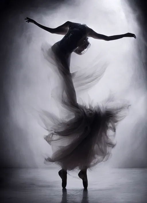 Image similar to a Photorealistic dramatic hyperrealistic render of a glamorous beautiful Female smoke dancer by Ken Brower and Deborah Ory of NYC Dance project,Lois Greenfield,Flowing cloth and smoke,Beautiful dynamic dramatic dark moody lighting,volumetric,shadows,cinematic atmosphere,Octane render,8K