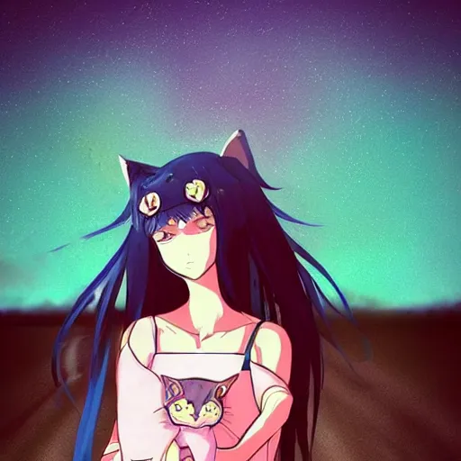 Image similar to a anime aesthetic woman with long dark hair holding a cat in her arm standing on steps in a field at night, a hologram by kusama, instagram, optical illusion, full body, ultra hd, neon, pexels contest winner, high quality photo, rtx, hd, shiny eyes, a renaissance painting by sailor moon