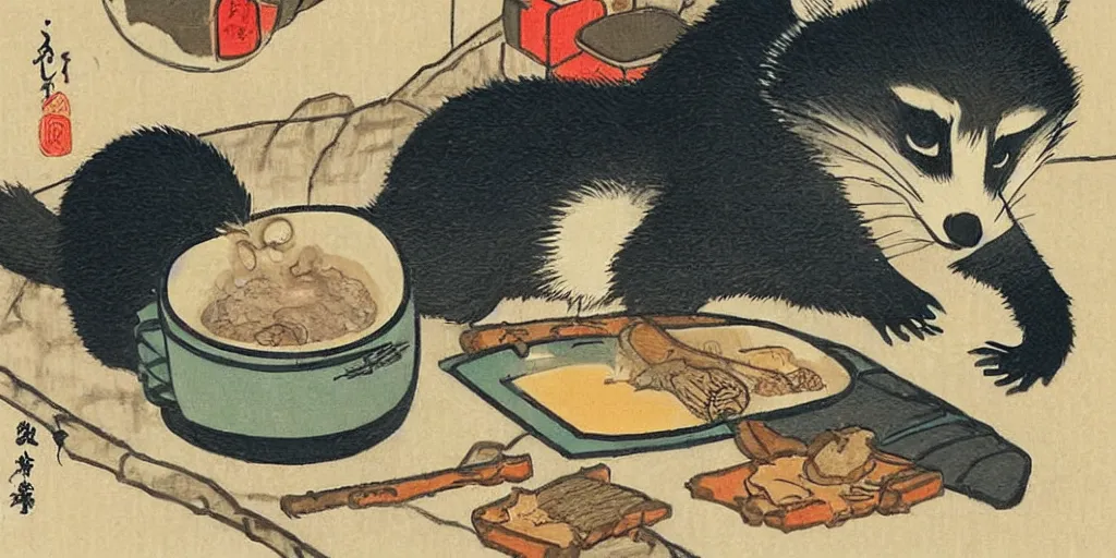 Image similar to little raccoon sitting by a cozy fireplace with a cup of tea. warm color temperature. ukiyo - e,