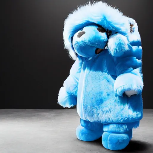 Image similar to nike fluffy mascot made of very fluffy blue faux fur placed on reflective surface, professional advertising, overhead lighting, heavy detail, realistic by nate vanhook, mark miner