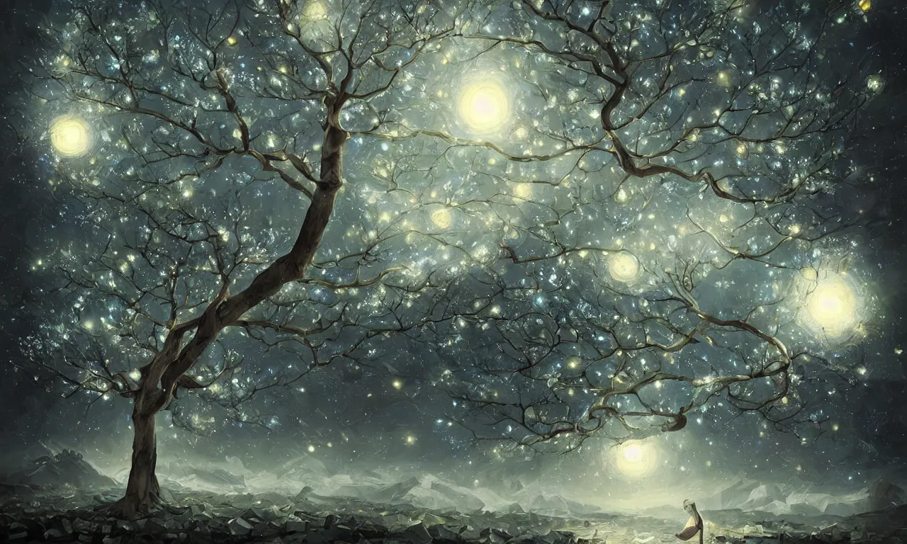 Prompt: a beautiful artwork of a tree with low poly crystal diamond leaves, starry night sky, translucid, pretty lights, pristine marble trunk, elegant, highly detailed, artstation, concept art, matte, sharp focus, art by tom bagshaw, kelogsloops and greg rutkowski