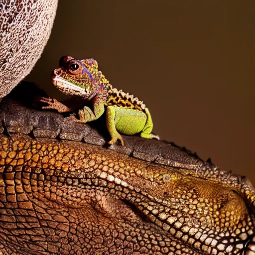 Prompt: An award winning photo of a single Tokay crocodile chameleon sitting on the back of an elephant, environmental portrait, wildlife photography, National Geographic, 4k
