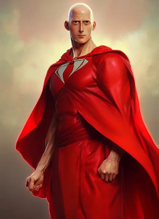 Image similar to ultra realistic illustration, handsome saitama. red cape, intricate, elegant, highly detailed, digital painting, artstation, concept art, smooth, sharp focus, illustration, art by artgerm and greg rutkowski and alphonse mucha and wlop