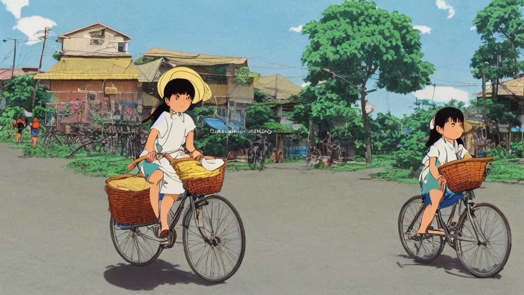 Prompt: a young girl riding a bike with a basket in a small town, 1970s philippines, art by hayao miyazaki, studio ghibli film, hi res, 4k, detailed face, wide shot, one person