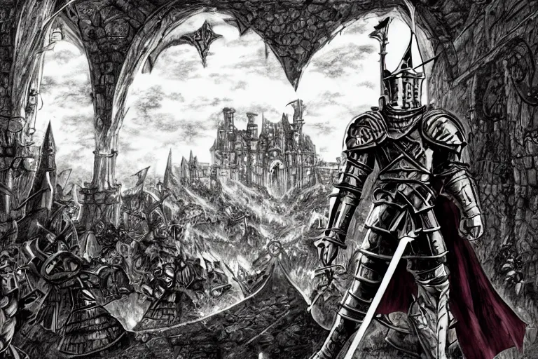 Prompt: A confident male knight standing in front of a giant fantasy castle in the style of Overlord by studio madhouse and berserker by Kentaro Miura, in full colour, zoomed out, low perspective, anime style