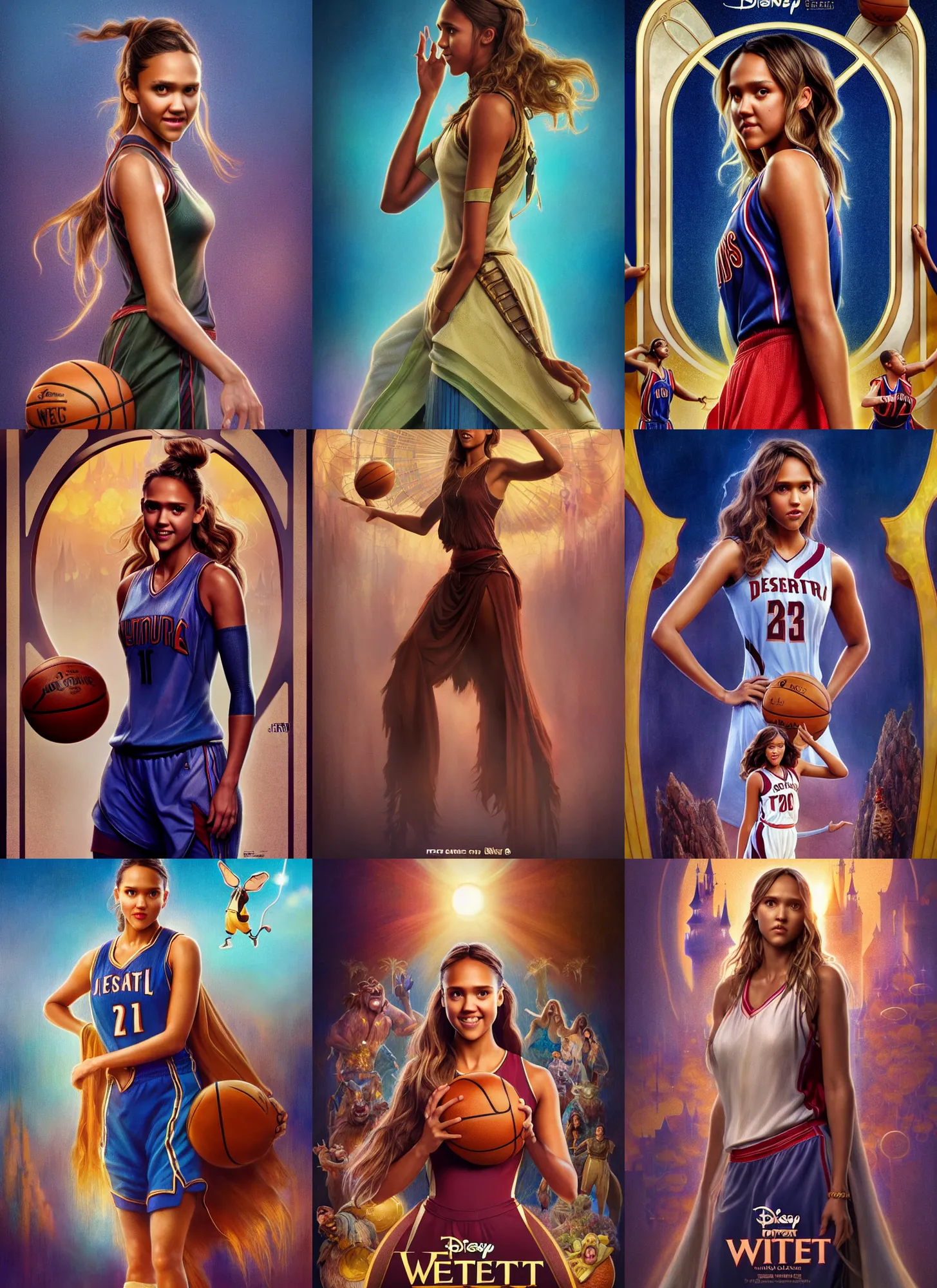 Prompt: disney weta movie poster photo : : of jessica alba as nba hero ( basketball girl ) : : octane render, artstation, soft, decadent, polished, by mucha, artgerm, wlop, loish, beeple, tiktok, illustration, fantasy, soft, smooth, sharp focus, digital painting, hi - fructose, rutkowski