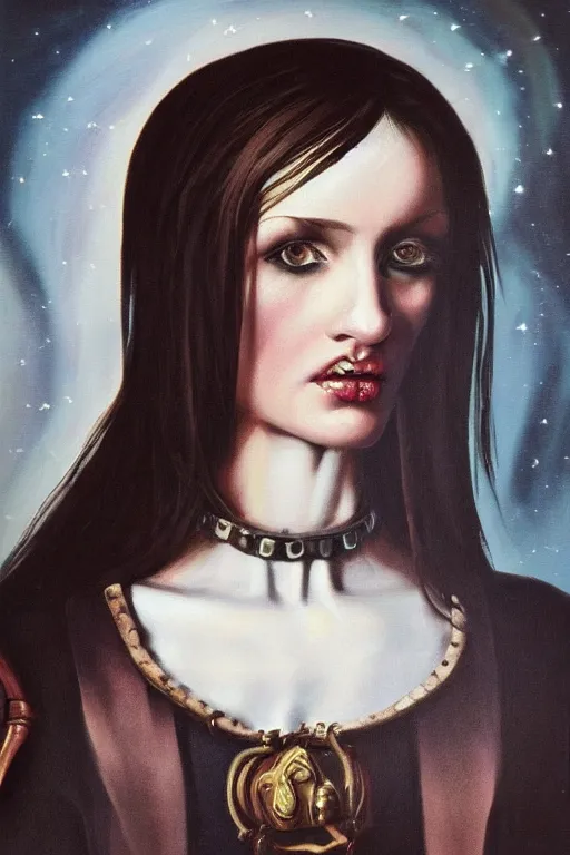 Image similar to hyperrealism oil painting, close - up portrait of european medieval brunette vampire fashion model, knight, steel gradient mixed with nebula sky, in style of baroque