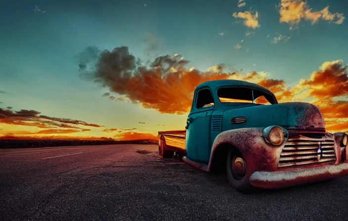 Image similar to a sunset light landscape with historical route 6 6, lots of sparkling details and sun ray ’ s, blinding backlight, smoke, volumetric lighting, colorful, octane, 3 5 mm, abandoned gas station, old rusty pickup - truck, beautiful epic colored reflections, very colorful heavenly, softlight