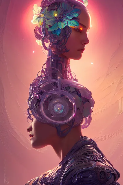 Image similar to beautiful female android!, half portrait, neon flowers, intricate detailed environment, cell shaded, floro details, intricate, elegant, highly detailed, digital painting, artstation, concept art, smooth, sharp focus, illustration, art by artgerm and greg rutkowski and alphonse mucha