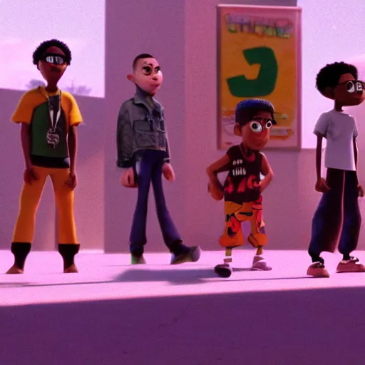 Image similar to a cinematic film still from a 2001 Pixar movie about a teenage rap group, aesthetic, in the style of Pixar, shallow depth of focus