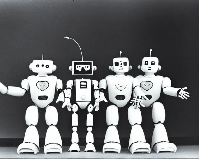 Prompt: middle shot, robots are in love with each other pose for a photo, circa 1 9 8 4
