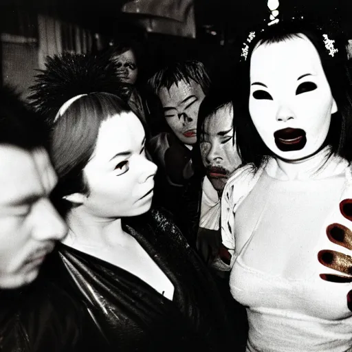 Image similar to Street photography, Bjork, a close up of several people leaving a seedy nightclub at 5am, they are smoking, someone is screaming, Kabuki makeup, Kodachrome