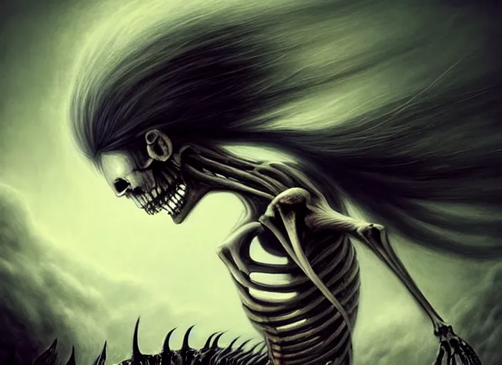 Image similar to realistic detailed image of a female skeleton warrior black hair blowing in an angry, stormy battle scene, anime art, anime, inspired by H.R. Giger and Zdzislaw Beksinski and Mark Ryden, gothic, rich deep colors. A masterpiece, matte painting, digital art, Trending on artstation.