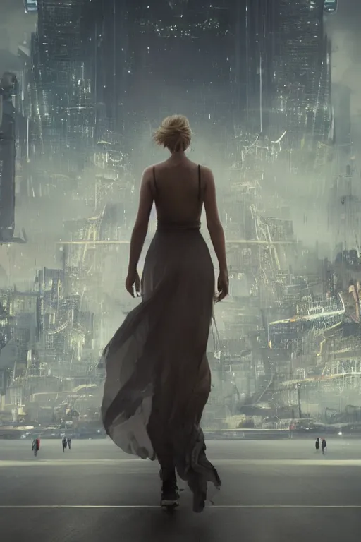 Image similar to a beautiful portrait of Jenifer Lawrence walking down the street of a sci-fi city by Greg Rutkowski, Sung Choi, Mitchell Mohrhauser, Maciej Kuciara, Johnson Ting, Maxim Verehin, Peter Konig, final fantasy , mythical, 8k photorealistic, cinematic lighting, HD, high details, atmospheric,