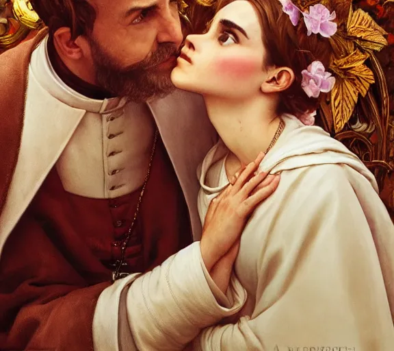 Image similar to photography of a pope kissing emma watson, she has hands - up and hairy armpits, deep focus, intricate, elegant, highly detailed, digital painting, artstation, concept art, matte, sharp focus, illustration, art by artgerm and greg rutkowski and alphonse mucha and gil elvgren