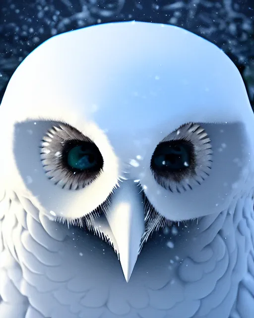 Image similar to closeup of a snow owls face, in the style of brian froud, brian despain, brian bolland, digital art, unreal engine, volumetric lighting, dark moody lighting, post apocalyptic, 4 k