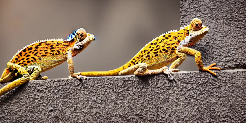 Image similar to a chameleon with leopard fur sitting on a brick wall, highly detailed, 8K, supersharp photo, depth of focus, full body, unusual photo angle