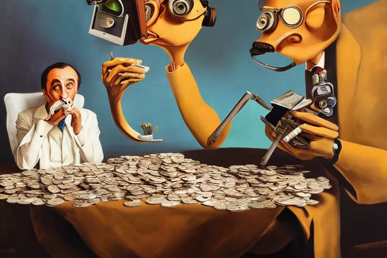 Image similar to Salvador Dali and WALL-E smoking cigars, counting money and holding keys, oil on canvas, artstation, portrait, masterpiece, aesthetic