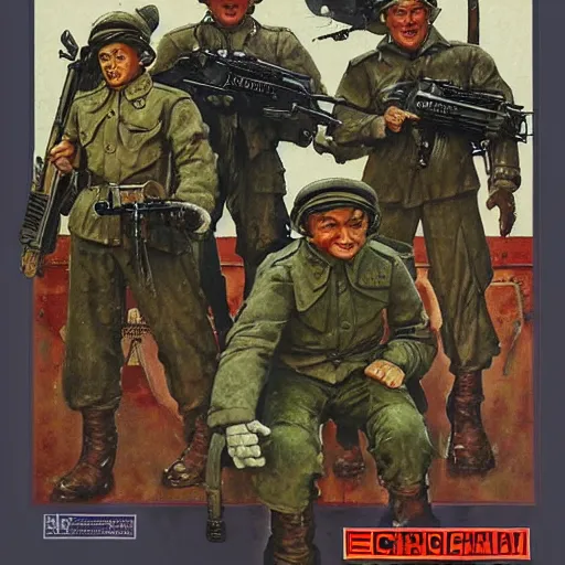 Image similar to Soviet mechs in the style of Norman Rockwell, world war 2, WWII, propaganda poster, sci-fi illustrations, highly detailed, award-winning, patriotic, soviet, ussr, dark, gritty, ink