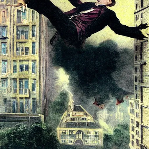 Prompt: falling from a building. guy. artwork. romanticism era.