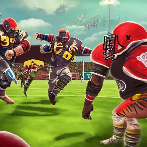 Prompt: high quality digital art of blood bowl teams fighting on a pitch, surrounded by crowds, good weather, referee blowing a whistle