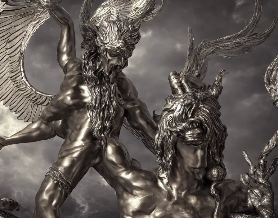 Prompt: silver statue of god and lucifer, beautiful texture, beautiful graphics, fantasy artwork, very beautiful scenery, hd, hdr, ue 5, ue 6, unreal engine 5, cinematic 4 k wallpaper, 8 k, ultra detailed