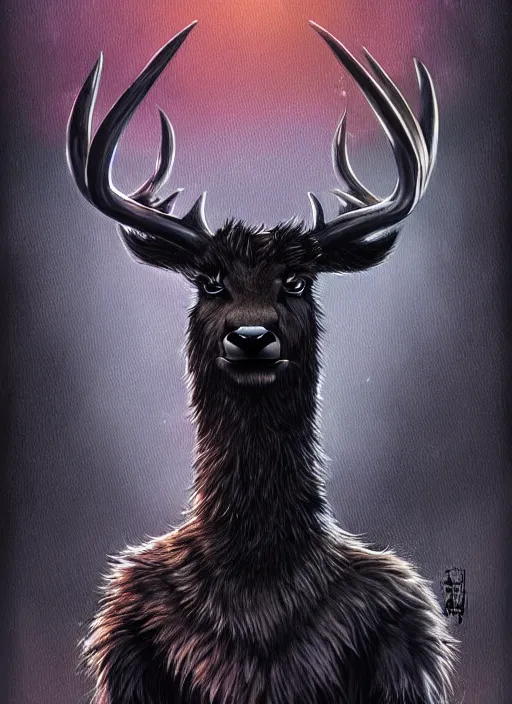 Prompt: aesthetic portrait commission of a of a male fully furry anthro black deer with a tail and a beautiful attractive hyperdetailed face wearing wearing a outfit in a sci - fi dystopian city at golden hour while it storms in the background. character design by dayer, diego 5, detailed, inked, western comic book art, award winning film poster painting